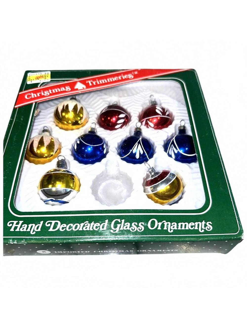 9 Vintage Bradford Glass Ornaments 1.25" Sugared Striped Boxed Ball Gold Blue